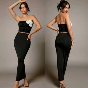 NWT Black Bandeau White Three-Dimensional Floral Top & Maxi Skirt Skirt Set Sz M